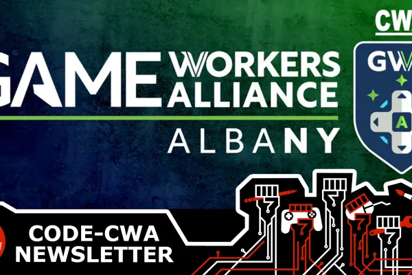 CODE Newsletter Graphic featuring Game Workers Alliance Albany logo