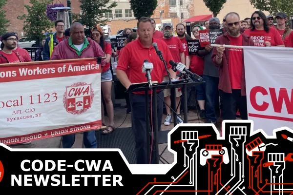 Newsletter title and graphic of workers at a press conference