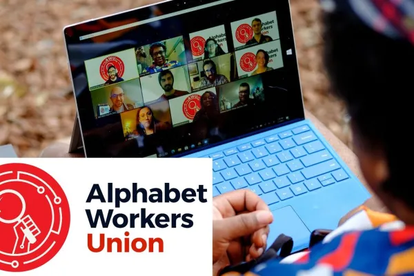 Image of Alphabet Workers Union CWA Local 1400 members on a Zoom call with the Alphabet Workers Union - CWA logo