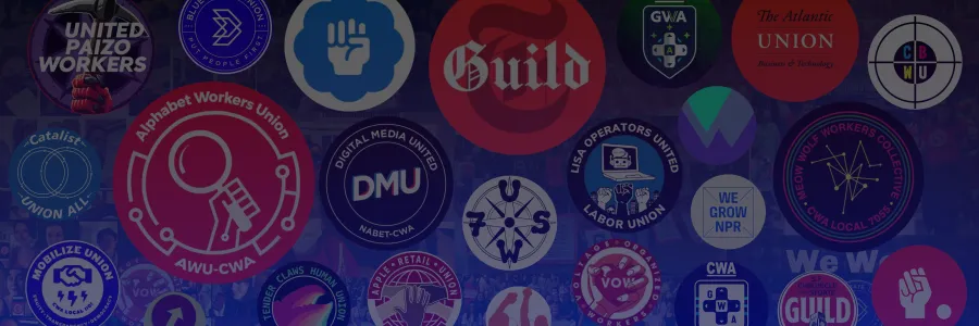 Compilation graphic of 20+ CWA tech and game worker union logos and pictures of members. 