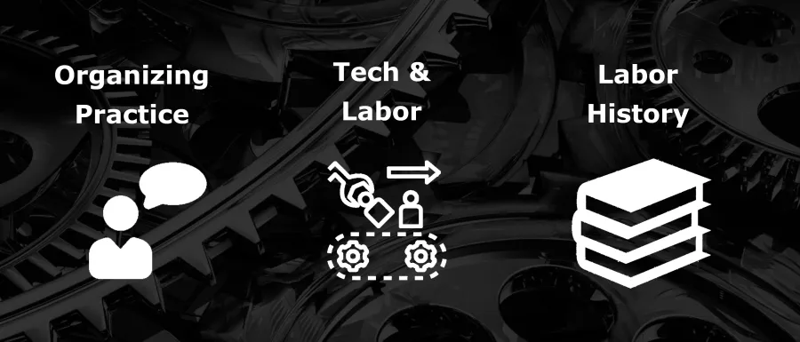 Graphic with the captions "organizing practice" "tech & labor" and "labor history"