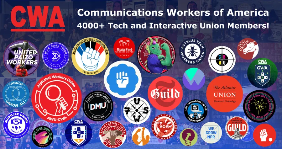 Collage of various CODE campaign logos with the text "Communications Workers of America" 4000+ Tech and Interactive Union Members!"