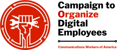 CODE-CWA Logo w/ text saying "Campaign to Organize Digital Employees, Communications Workers of America"