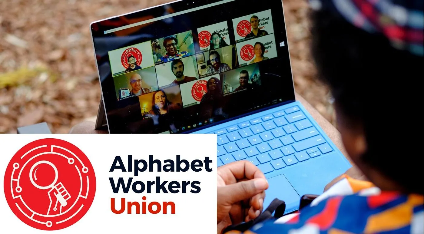 Image of Alphabet Workers Union CWA Local 1400 members on a Zoom call with the Alphabet Workers Union - CWA logo
