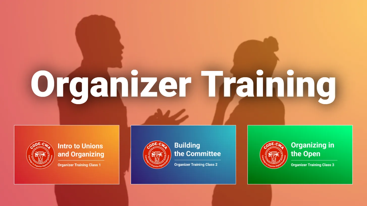 Sillohuette image of two people talking with the words "Organizer Training" across the image, and three thumnails of organizer training class presentation slides.