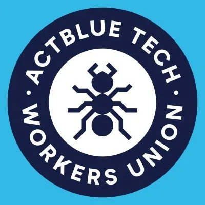 Logo of a tech themed ant with the words "actblue tech workers union"