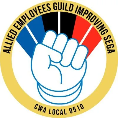 logo of a fist with blue black and red beams reading Allied Employees Guild Improving SEGA (AEGIS-CWA)