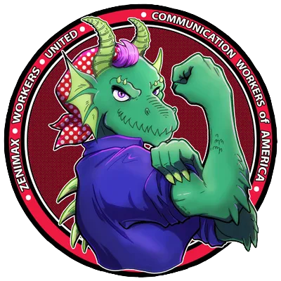 Zenimax workers union logo with a proud dragon mascot flexing her arm like rosie the riveter